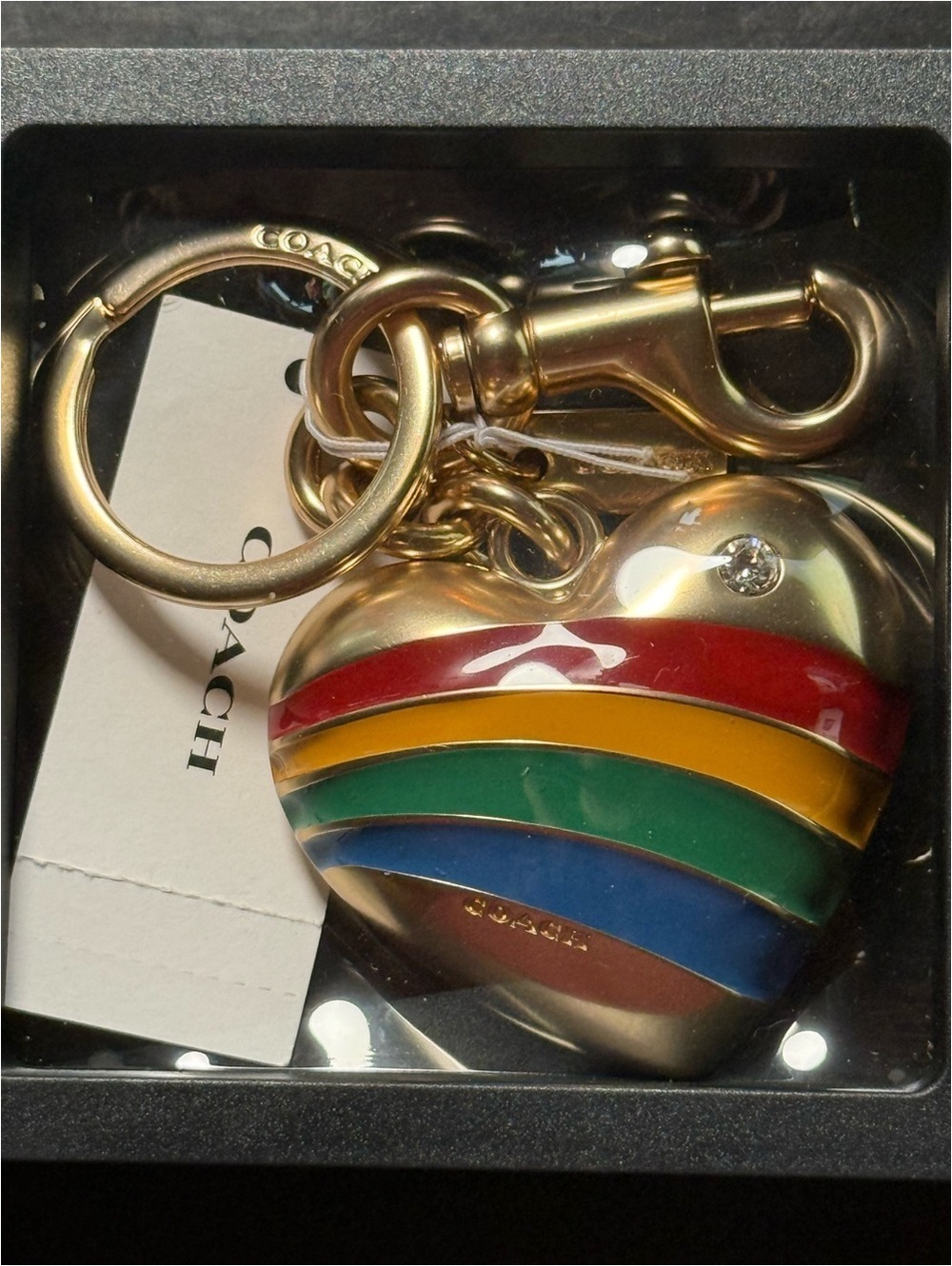 Coach Rainbow Striped Enamel Puffy Heart Keychain Bag Charm Gold Tone NWT